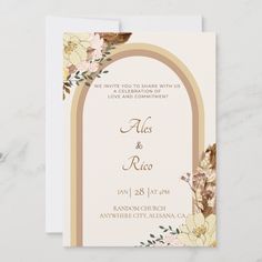 the wedding card features an arch with flowers on it