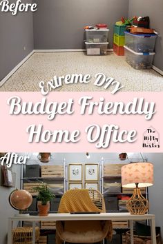 the before and after of a budget friendly home office with lots of storage space in it