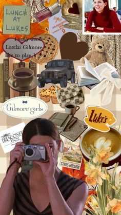 a collage of pictures with people and things to see on the page, including an image of a woman holding a camera in front of her face