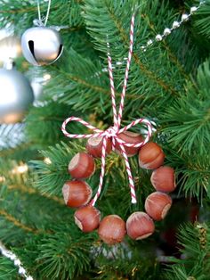 an ornament hanging from a christmas tree decorated with nuts and candy canes