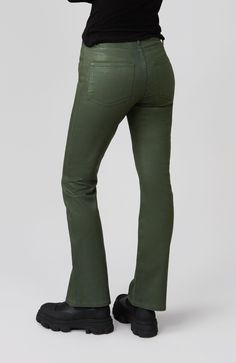 Billie is our high-rise boot cut jean that remains a tried and true style of the Lola Jeans catalogue. The Billie in Coated Dark Olive features dark green denim with a coated overlay that mimics the look and feel of leather. TRUE TO SIZE High-Rise Bootcut Jeans  Front Rise: 10" Inseam: 31" Regular Hem Available in Plus Sizes: Size 24 - 42 Model is 5'9" Tall / Wearing a size 26 92% Cotton / 6% T400 / 2% Lycra Machine wash cold / Tumble dry low Green Flare Jeans Full Length, Chic Green Jeans For Fall, Green Fall Jeans, Straight Leg Flares For Workwear In Fall, Workwear Flare Jeans For Fall, Fall Workwear Flare Jeans With Standard Cut, High Rise Green Flare Jeans For Fall, Chic Flare Jeans With Standard Cut Leg For Fall, Green High Rise Flare Jeans For Fall