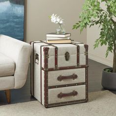 an old suitcase is sitting on the floor next to a potted plant