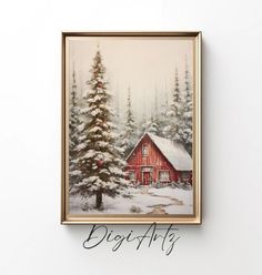 a painting of a red cabin in the woods with snow on the ground and evergreen trees