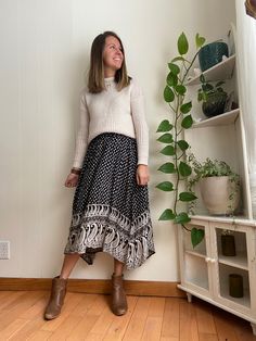 Midi skirt  Winter outfit Bohemian skirt Boho skirt Midi skirt and boots Brown boots Cowboy Boots With Midi Skirt, Western Midi Skirt Outfit, Cowboy Boots Midi Skirt, Midi Skirt Winter Outfit, Midi Skirt Outfit Winter Boots, Bohemian Long Winter Skirt, Skirt Winter Outfit, Bohemian Midi-length Flowy Maxi Skirt, Midi Skirt And Boots