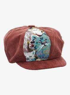 Add the perfect accessory to complete your OOTD right meow! This brown corduroy cabbie hat has panels of cats in a tapestry design  and comes with ribbed detailing. Ball Cap With Bangs, Funky Suits, Park Ranger Hat, Cat Tapestry, Fun Hats, Funky Hats, Cabbie Hat, Earthy Outfits, Clothing Pieces