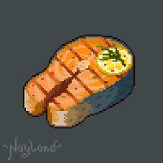 a piece of sushi with chopsticks and lemon on it, in pixel art style