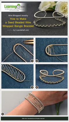 the instructions for how to make a seed beaded wire wrapped bangle bracelet