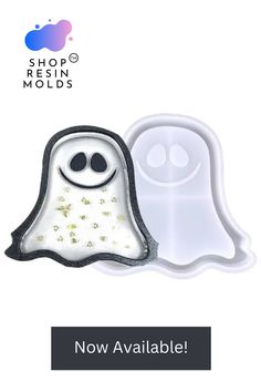 two plastic ghost molds are shown with the words shop resin molds now available