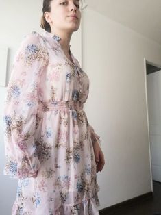 FREE SHIPPING Cool French Dress Vintage Print JKP4361 Feminine V-neck Chiffon Dress For Brunch, Spring Long Sleeve Chiffon Dress For Daywear, Casual Pink Chiffon V-neck Dress, Long Sleeve Chiffon Dress For Spring Daywear, Flowy V-neck Chiffon Dress In Feminine Style, Feminine Flowy Chiffon V-neck Dress, Flowy Feminine V-neck Chiffon Dress, Feminine Floral Print Chiffon Dress For Daywear, Feminine Chiffon Dress For Daywear