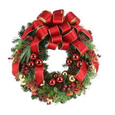 a christmas wreath with red and gold decorations