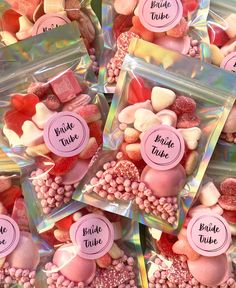 candy candies in bags with labels on them for bride and groom's gifts