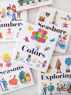 four children's books with the words, numbers, colors and pictures on them