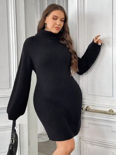 Plus Size Solid Color High Neck Long Sleeve Minimalist Short Knit Dress, Casual Daily Wear Black Casual  Extra-Long Sleeve Knitwear Plain  Medium Stretch  Women Plus Clothing, size features are:Bust: ,Length: ,Sleeve Length: Short Knit Dress, Lantern Sleeve Sweater, Grey Colour Suit, Fleece Tights, Elegant Sweater, Extra Long Sleeves, High Neck Long Sleeve, Womens Tights, Knit Sweater Dress