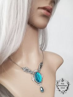 A romantic fairy style necklace that can also be worn as a circlet made of high quality silver parts holding a rose or turquoise czech glass gem 18x25mm, choose colour! Silver Round Pendant Necklace In Fantasy Style, Fantasy Silver Necklace With Round Pendant, Mystical Silver Crystal Necklace With Gemstone, Fantasy Silver Round Pendant Necklace, Mystical Silver Gemstone Necklace, Handmade Fantasy Sterling Silver Necklace, Handmade Sterling Silver Fantasy Necklace, Gothic Silver Oval Necklace, Silver Mystical Necklace With Cabochon