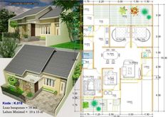 an image of a house with plans and measurements on the front, side by side