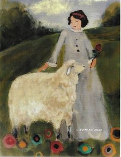 a painting of a woman holding a flower and standing next to a sheep in a field