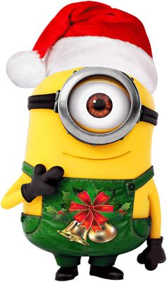 a minion with a christmas hat and bells on it's chest holding a bell