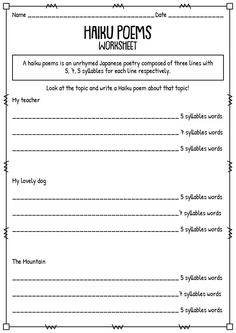 the haku poem worksheet for children to learn how to read and write