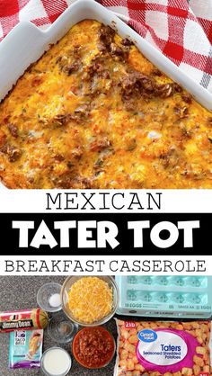 mexican tater tot breakfast casserole is shown in this collage with text overlay