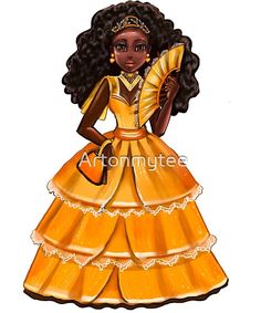 Queen Black is beautiful Anime Manga black girl with yellow ruffles dress, brown eyes and dark brown skin ! by Artonmytee | Redbubble Ruffles Dress, Brown Skin, Brown Eyes, Black Is Beautiful, Yellow Dress