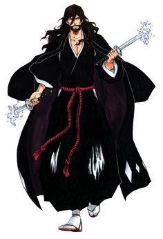 a drawing of a man in a black robe holding two swords