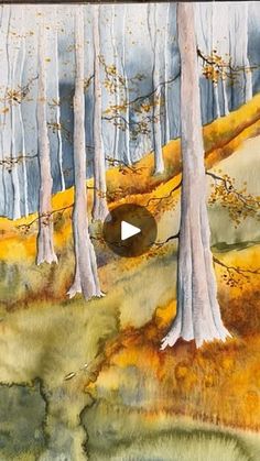 a watercolor painting of trees and grass in the woods with a video player playing