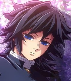 an anime character with long black hair and blue eyes in front of purple flowers, looking at the camera