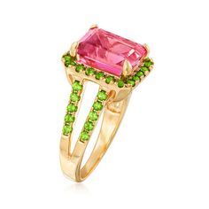 Ross-Simons - 1.10ct Pink Topaz, 1.00ct t. w. Chrome Diopside Ring Over Sterling. Size 5. This vibrant color combo is eye-catching! A 1.10 carat emerald-cut pink topaz is framed by 1.00 ct. t. w. chrome diopside rounds in polished 18kt yellow gold over sterling silver. Wear this ring to brighten any outfit. 5/8" wide. Chrome diopside and pink topaz ring. Chrome Diopside Ring, Pink Topaz Ring, Green Chrome, Dragonfly Necklace, Topaz Color, Pink Topaz, Sterling Jewelry, Pink Gemstones, Earring Sale