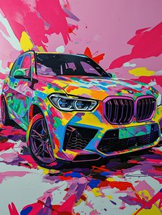 a painting of a colorful bmw suv