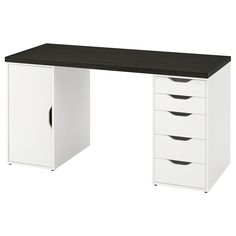 an office desk with four drawers and two doors on the top, in white and black