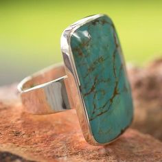 Turquoise cocktail ring, 'Caribbean Mosaic' - Handcrafted Natural Turquoise and Silver Cocktail Ring Adjustable Green Turquoise Chrysocolla Ring, Modern Turquoise Ring For Gift, Modern Turquoise Ring For A Gift, Modern Turquoise Ring As Gift, Elegant Adjustable Turquoise Ring With Large Stone, Adjustable Chrysocolla Turquoise Ring, Adjustable Turquoise Chrysocolla Ring, Elegant Rectangular Turquoise Ring, Birthstone Stacking Rings