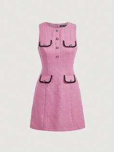 Pink Elegant Collar Sleeveless Woven Fabric Plain A Line Embellished Non-Stretch  Women Clothing Boucle Dress, Ideal Wardrobe, Dream Outfits, Priscilla Presley, Colorblock Dress, Instagram Icons, Dress Ideas, Fancy Dresses, Women Dresses