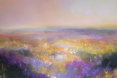 an abstract painting with purple, yellow and green colors in the foreground is a large field full of wildflowers