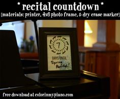 a black piano with the words, rectal coutdown materials printer, 4x6 photo frame, and 5x5 erase marker