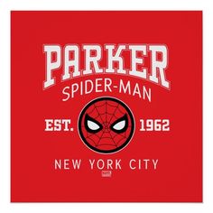 the spider - man new york city logo on a red background with white letters and an image of a face