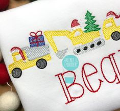 "Your little one will be ready for Christmas in this adorable personalized shirt! Embroidery will be placed on a white shirt. Please check the measurement chart for the correct fit and style options (the girl shirt style has puffy sleeves). Please keep in mind that cotton will shrink a bit. LS stands for long sleeve in the Size/Sleeve Length pull down menu. Please note that colors may vary slightly due to lighting and/or your computer monitor settings. I do my best to provide an accurate represe White T-shirt With Machine Embroidery For Gift, White T-shirt With Machine Embroidery As Gift, Boy Christmas Outfit, Construction Shirt, Boys Christmas Outfits, Christmas Applique, Embroidery Christmas, Applique Shirts, Birthday Boy Shirts