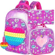 CCJPX Girls Backpack, 16" Kids Unicorn Bookbag and Lunch Box for Elementary School Toddler Kindergarten Preschool Purple 【ENVIRONMENTAL MATERIALS】- BPA free, Phthalate free, Lead and Cadmium free, Chemical material and physical test passed. Safe for your lovely kids. 【UNIQUE DESIGN】- This girls bookbag is sparkly and eye-catching. Heart-shaped stress relief toy on front pocket, kids can play with it by themselves. 【PRACTICAL 3PC SET】- Backpack:16"x12"x6", lunch bag:8.5"x4"x9.5", pencil case:8.66 Trendy Pink Bag For School Events, Trendy Pink Bags For School Events, Trendy Bags For End Of School Year Events, Cute Multicolor Rectangular Backpack, Cute Multicolor Backpack For Back To School, Playful Rectangular Backpack For School, Rectangular Backpack For End Of School Year Study, Rectangular Backpack For Study End Of School Year, Rectangular Backpack For Study And End Of School Year