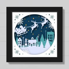 a paper cut christmas scene with santa on his sleigh and reindeers in the sky