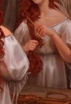 a painting of a woman with long red hair holding a comb and looking at herself in the mirror