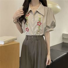 Short Sleeve Floral Embroidery Blouse Shirt – Tomscloth Short Sleeve Embroidered Shirt For Work, Embroidered Short Sleeve Workwear Blouse, Workwear Embroidered Short Sleeve Blouse, Floral Embroidery Blouse, Amazing Outfits, Embroidery Blouse, Blouse Shirt, Trending Now, Tank Dress