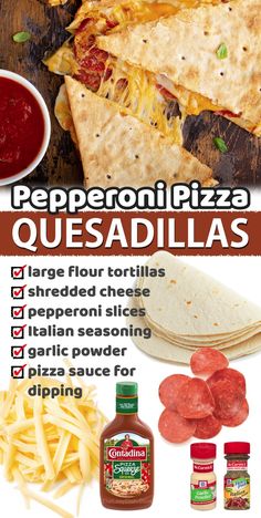 an advertisement for quesadillas on a cutting board with ingredients to make it