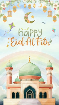 happy eid al fitr with mosque and kites in the sky above it