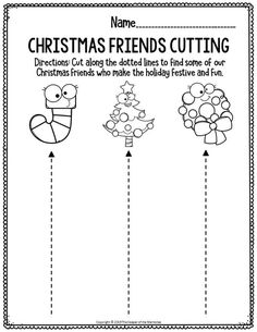 christmas friends cutting worksheet to help students cut out the holiday trees and put them in