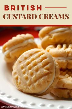 some cookies are on a white plate with red table cloth and a can in the background