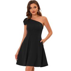 This fit-and-flare dress with pockets, made of soft and breathable fabric, is very comfy to wear. The one-shoulder-with-a-bow design makes this skater dress cute yet lady chic. Cute and gorgeous, it is fitted on top and then flares out beautifully, showing off your legs but not too short. This dress is soft-touching, lightweight, and breathable in solid color. Suitable for many different occasions. Perfect for night-outs, clubs, evening parties, cocktails, proms, weddings, dance parties, and oth Christmas Party Elegant, Cocktail Dresses Black, Evening Cocktail Dresses, A Line Cocktail Dress, One Shoulder Midi Dress, Cocktail Evening Dresses, Evening Cocktail, Cocktail Party Dress, Knit Midi Dress