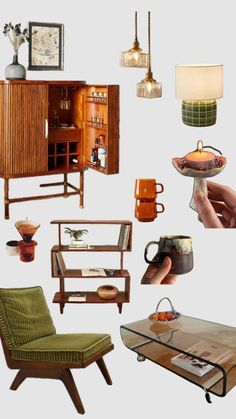 a collage of furniture and decor items including coffee table, arm chair, sideboard, lamp, vases