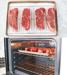 raw steaks cooking in an oven and then being put into the oven to cook