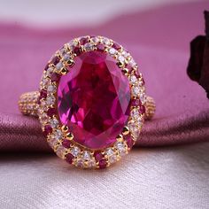 Pink Ruby Ring, Diamond Ring, Double Halo Ring, Bridal Wedding Ring, Women's Unique Engagement Ring, 14K Gold Plated Ring, Vintage Jewelry . Our beautiful pink ruby and diamond ring is very delicious and pretty wedding , engagement women's anniversary ring gift for her. All types of customizations are available as per your requirements . buyer share a ring sizes while purchase these rings .  A beautiful luxurious pink stone ring with a sparkling and classic shinny diamonds set in elegant gold. I Pink Ruby Ring, Luxury Pink Ruby Ring With Halo Design, Luxury Pink Ruby Ring With Diamond, Luxury Pink Ruby Ring With Accent Stones, Huge Pink Ring, Pink Ruby Ring With Vvs Clarity, Round Cut, Antique Ruby Ring, Big Diamond Rings, Pink Stone Rings