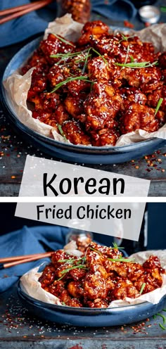 korean fried chicken in a blue bowl with chopsticks and seasoning on the side