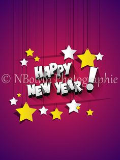 happy new year greeting card with stars and text on purple background, eps file available